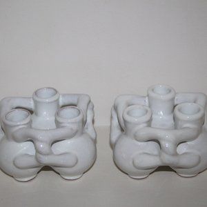 Vintage Met Museum “Unity” White Ceramic Decorative Candlesticks Holders a Pair